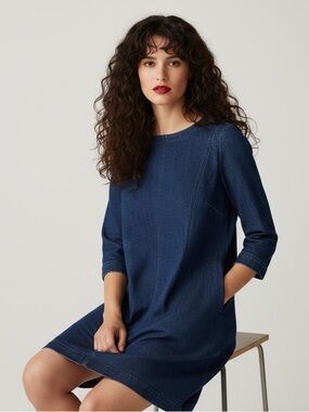 J. Jill Denim Blue 3/4 Sleeve Pocket Cotton Stretch Shift Dress Size XS
